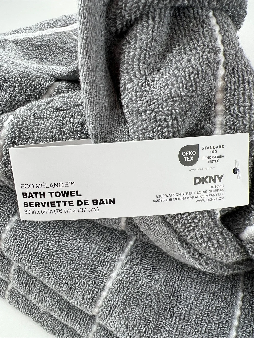DKNY Eco Melange Bath Towels Medium Gray White Stripe Soft Cotton Set of 4 NEW